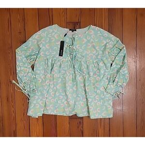 Beulah Style Printed Lace-up Lantern Sleeve Babydoll Blouse Charming One Size